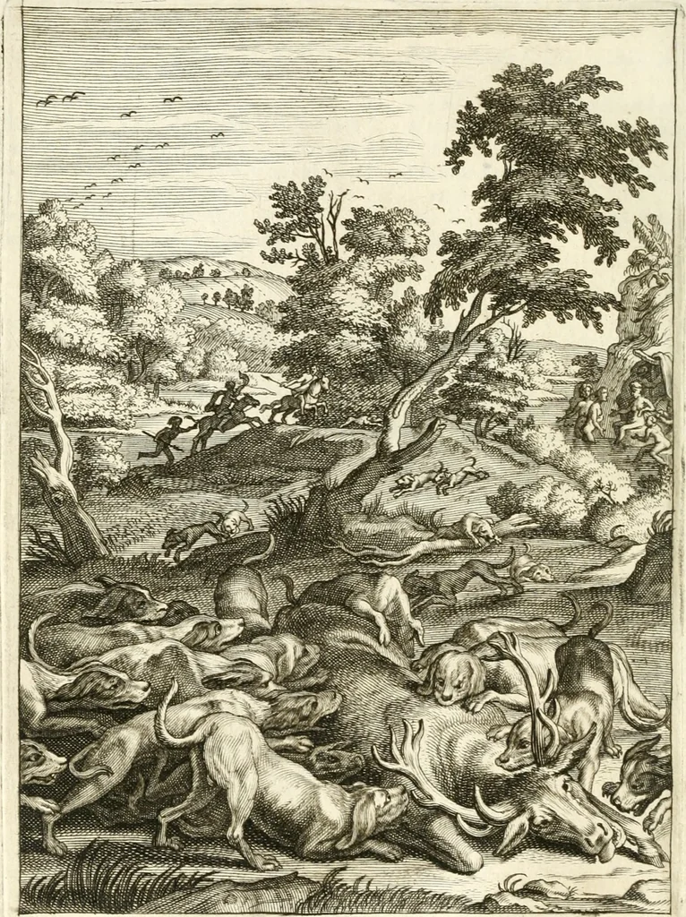 An illustration from Tableaux du temple des muses : tirez du cabinet de feu mr. Favereau...gravez en tailles-douces par les meilleurs maistres de son temps, pour representer les vertus & les vices, sur les plus illustres fables de l'antiquité, 1676, leaf 207