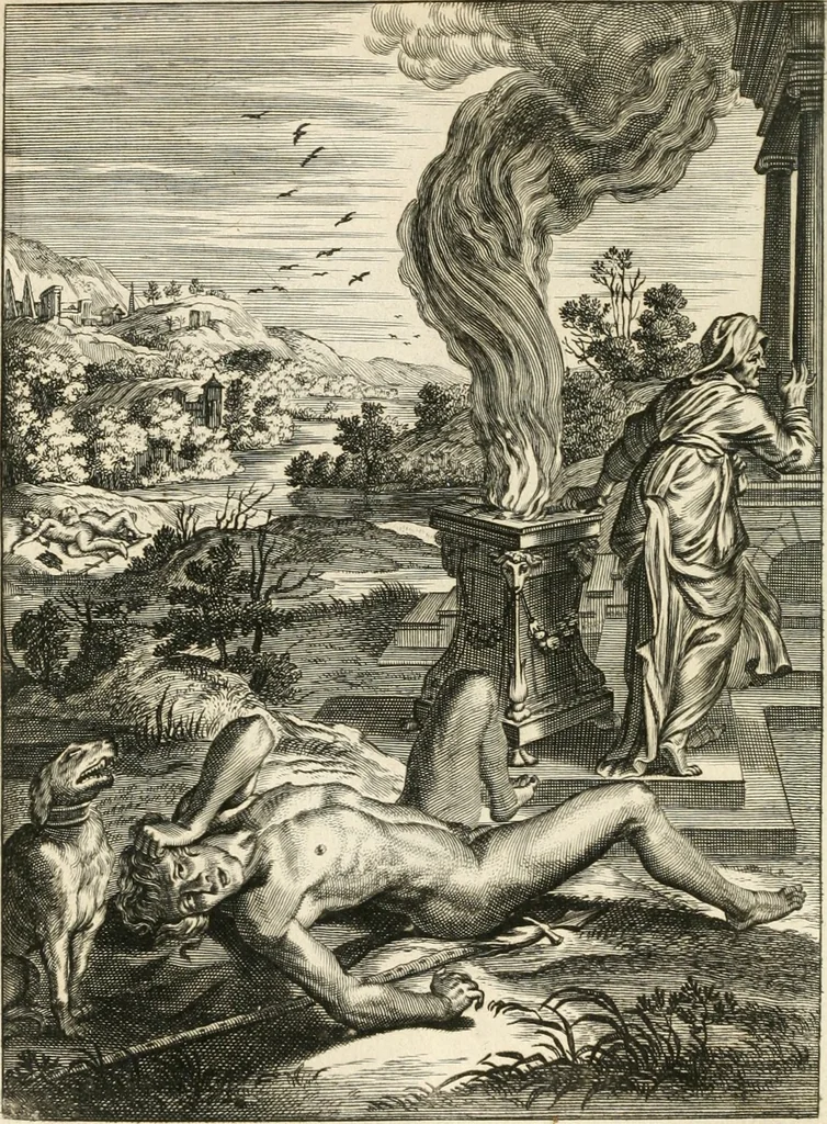 An illustration from Tableaux du temple des muses : tirez du cabinet de feu mr. Favereau...gravez en tailles-douces par les meilleurs maistres de son temps, pour representer les vertus & les vices, sur les plus illustres fables de l'antiquité, 1676, leaf 227