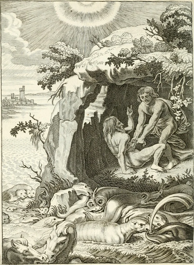 An illustration from Tableaux du temple des muses : tirez du cabinet de feu mr. Favereau...gravez en tailles-douces par les meilleurs maistres de son temps, pour representer les vertus & les vices, sur les plus illustres fables de l'antiquité, 1676, leaf 287