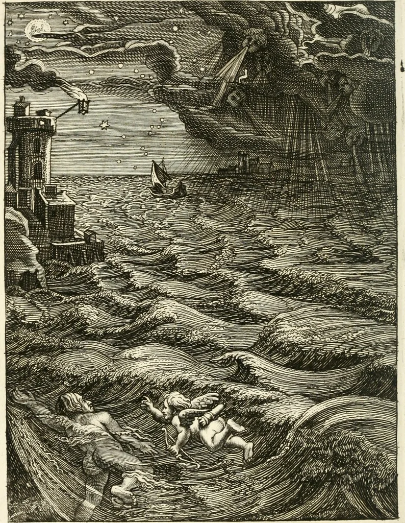 An illustration from Tableaux du temple des muses : tirez du cabinet de feu mr. Favereau...gravez en tailles-douces par les meilleurs maistres de son temps, pour representer les vertus & les vices, sur les plus illustres fables de l'antiquité, 1676, leaf 367