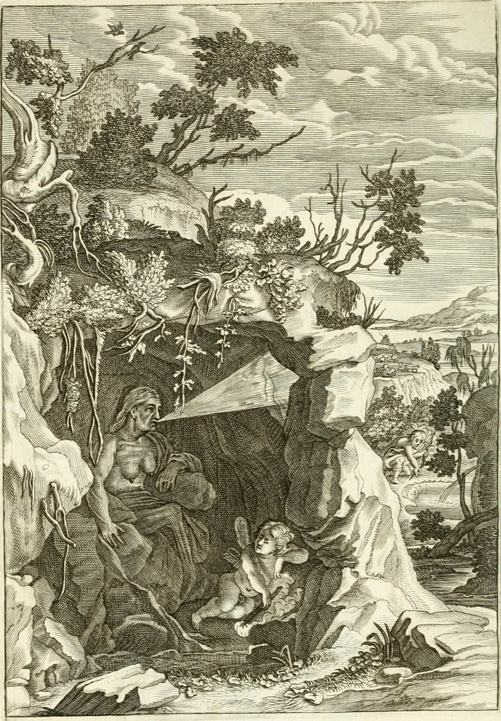 An illustration from Tableaux du temple des muses : tirez du cabinet de feu mr. Favereau...gravez en tailles-douces par les meilleurs maistres de son temps, pour representer les vertus & les vices, sur les plus illustres fables de l'antiquité, 1676, leaf 387
