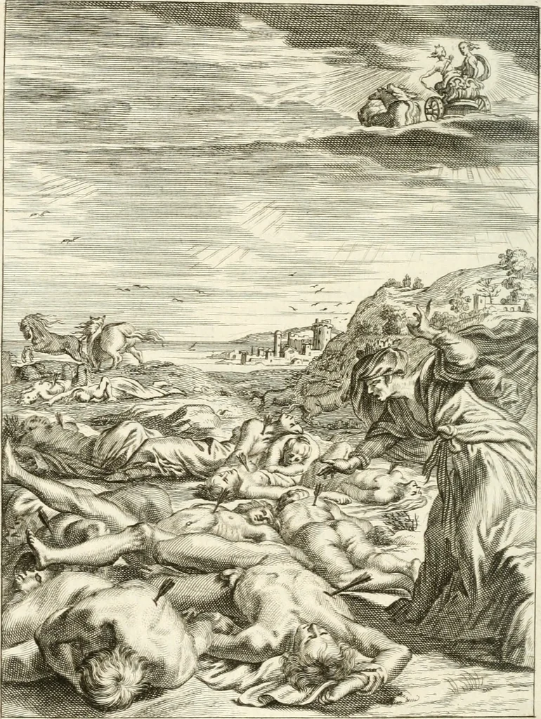 An illustration from Tableaux du temple des muses : tirez du cabinet de feu mr. Favereau...gravez en tailles-douces par les meilleurs maistres de son temps, pour representer les vertus & les vices, sur les plus illustres fables de l'antiquité, 1676, leaf 457