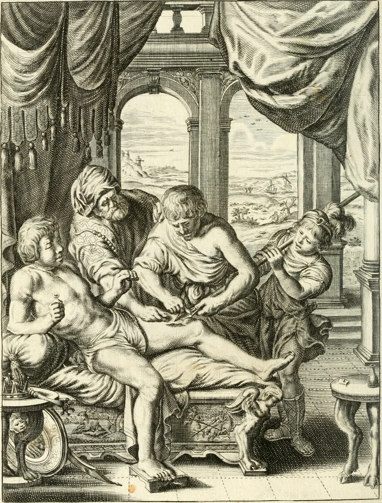 An illustration from Tableaux du temple des muses : tirez du cabinet de feu mr. Favereau...gravez en tailles-douces par les meilleurs maistres de son temps, pour representer les vertus & les vices, sur les plus illustres fables de l'antiquité, 1676, leaf 487