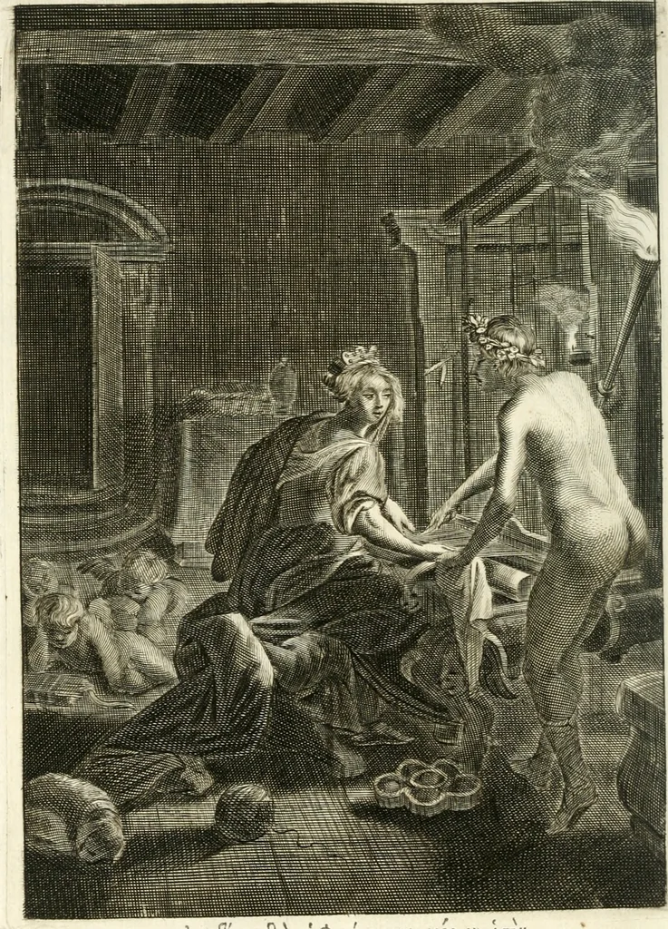 An illustration from Tableaux du temple des muses : tirez du cabinet de feu mr. Favereau...gravez en tailles-douces par les meilleurs maistres de son temps, pour representer les vertus & les vices, sur les plus illustres fables de l'antiquité, 1676, leaf 497