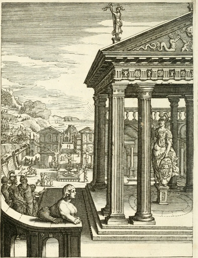 An illustration from Tableaux du temple des muses : tirez du cabinet de feu mr. Favereau...gravez en tailles-douces par les meilleurs maistres de son temps, pour representer les vertus & les vices, sur les plus illustres fables de l'antiquité, 1676, leaf 517