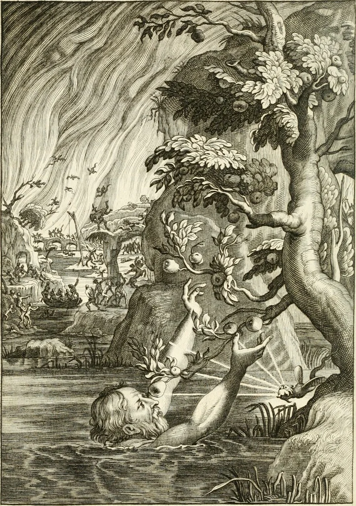 An illustration from Tableaux du temple des muses : tirez du cabinet de feu mr. Favereau...gravez en tailles-douces par les meilleurs maistres de son temps, pour representer les vertus & les vices, sur les plus illustres fables de l'antiquité, 1676, leaf 557