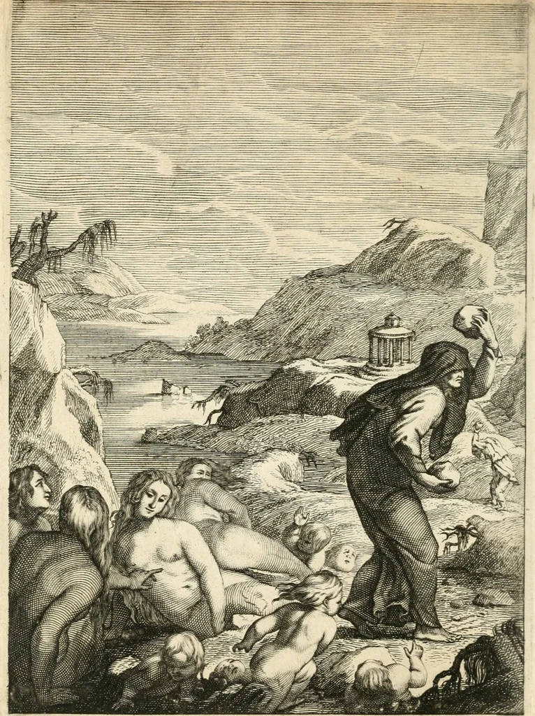 An illustration from Tableaux du temple des muses : tirez du cabinet de feu mr. Favereau...gravez en tailles-douces par les meilleurs maistres de son temps, pour representer les vertus & les vices, sur les plus illustres fables de l'antiquité, 1676, leaf 57