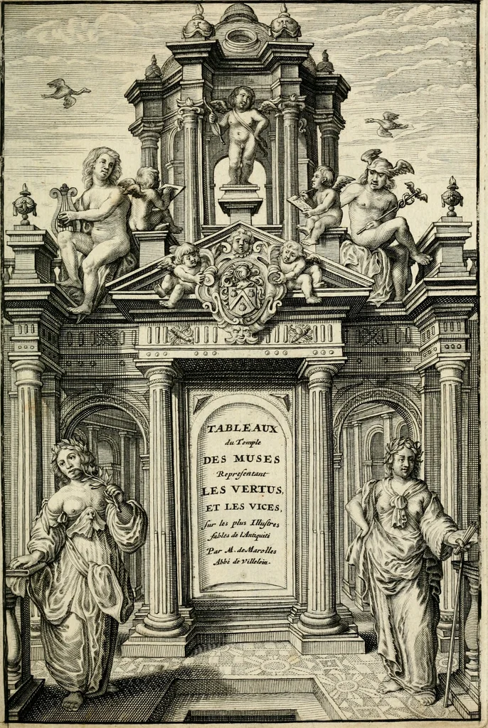An illustration from Tableaux du temple des muses : tirez du cabinet de feu mr. Favereau...gravez en tailles-douces par les meilleurs maistres de son temps, pour representer les vertus & les vices, sur les plus illustres fables de l'antiquité, 1676, leaf 6