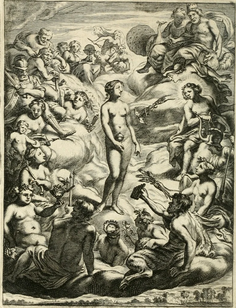 An illustration from Tableaux du temple des muses : tirez du cabinet de feu mr. Favereau...gravez en tailles-douces par les meilleurs maistres de son temps, pour representer les vertus & les vices, sur les plus illustres fables de l'antiquité, 1676, leaf 67