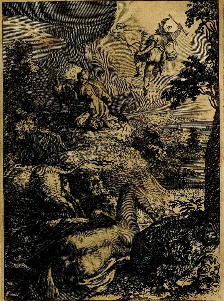An illustration from Tableaux du temple des muses : tirez du cabinet de feu mr. Favereau...gravez en tailles-douces par les meilleurs maistres de son temps, pour representer les vertus & les vices, sur les plus illustres fables de l'antiquité, 1676, leaf 116