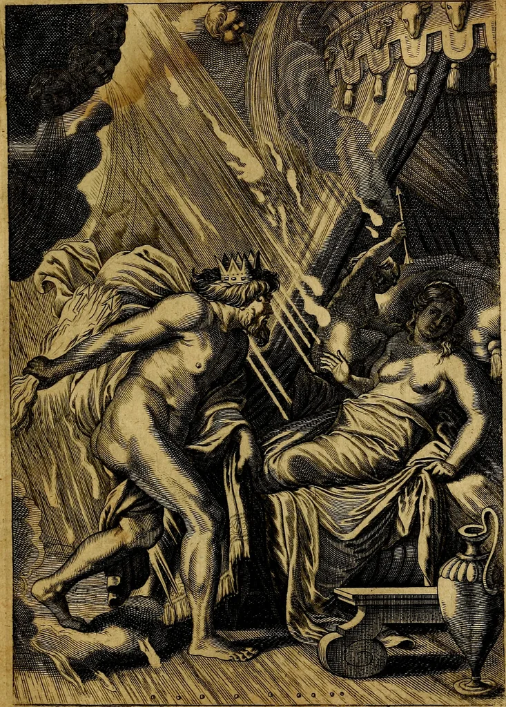 An illustration from Tableaux du temple des muses : tirez du cabinet de feu mr. Favereau...gravez en tailles-douces par les meilleurs maistres de son temps, pour representer les vertus & les vices, sur les plus illustres fables de l'antiquité, 1676, leaf 136