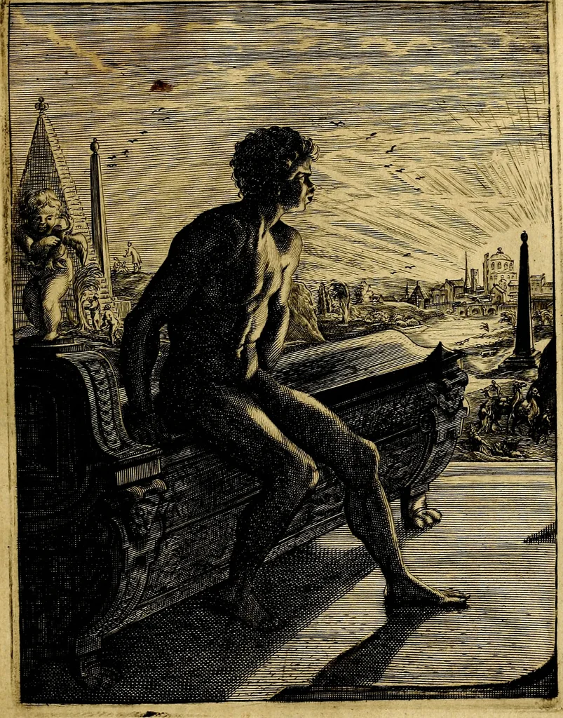 An illustration from Tableaux du temple des muses : tirez du cabinet de feu mr. Favereau...gravez en tailles-douces par les meilleurs maistres de son temps, pour representer les vertus & les vices, sur les plus illustres fables de l'antiquité, 1676, leaf 186