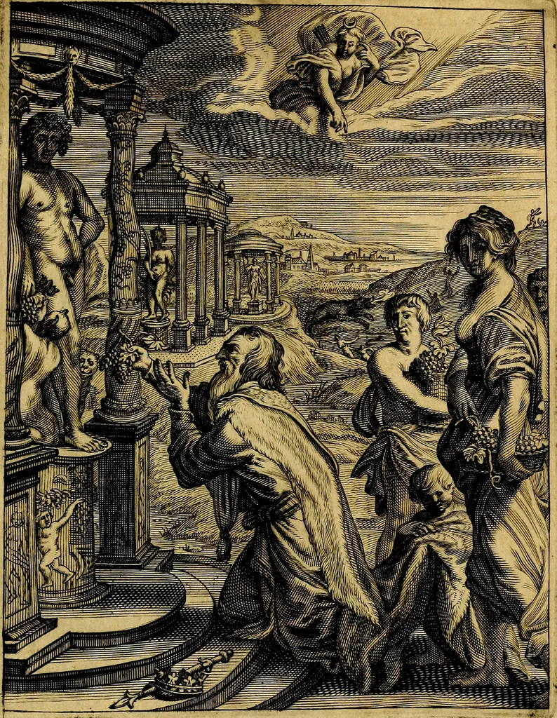 An illustration from Tableaux du temple des muses : tirez du cabinet de feu mr. Favereau...gravez en tailles-douces par les meilleurs maistres de son temps, pour representer les vertus & les vices, sur les plus illustres fables de l'antiquité, 1676, leaf 216