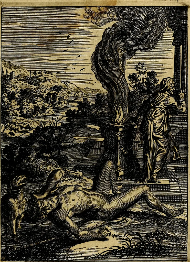 An illustration from Tableaux du temple des muses : tirez du cabinet de feu mr. Favereau...gravez en tailles-douces par les meilleurs maistres de son temps, pour representer les vertus & les vices, sur les plus illustres fables de l'antiquité, 1676, leaf 226