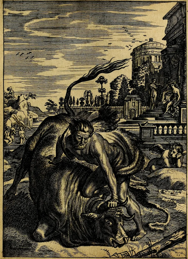 An illustration from Tableaux du temple des muses : tirez du cabinet de feu mr. Favereau...gravez en tailles-douces par les meilleurs maistres de son temps, pour representer les vertus & les vices, sur les plus illustres fables de l'antiquité, 1676, leaf 236