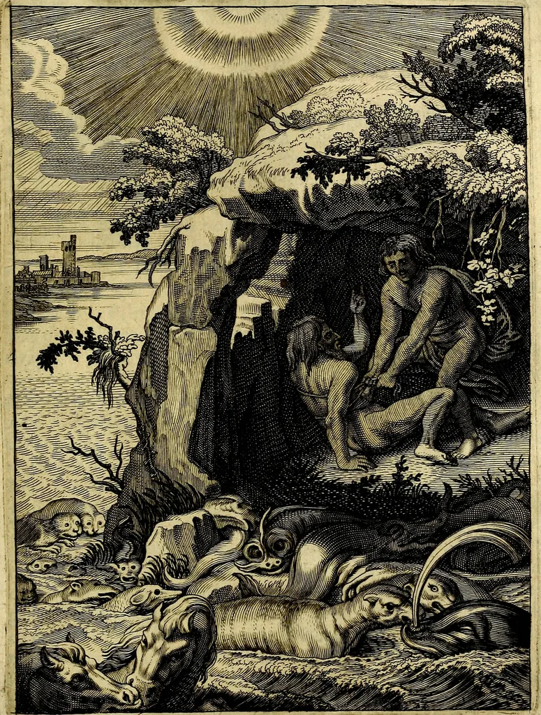 An illustration from Tableaux du temple des muses : tirez du cabinet de feu mr. Favereau...gravez en tailles-douces par les meilleurs maistres de son temps, pour representer les vertus & les vices, sur les plus illustres fables de l'antiquité, 1676, leaf 286