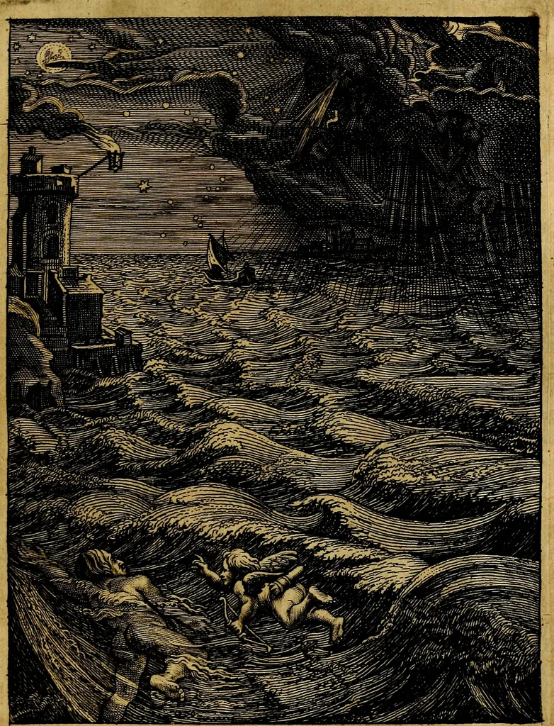An illustration from Tableaux du temple des muses : tirez du cabinet de feu mr. Favereau...gravez en tailles-douces par les meilleurs maistres de son temps, pour representer les vertus & les vices, sur les plus illustres fables de l'antiquité, 1676, leaf 366