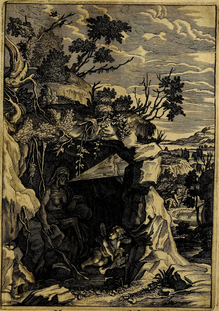 An illustration from Tableaux du temple des muses : tirez du cabinet de feu mr. Favereau...gravez en tailles-douces par les meilleurs maistres de son temps, pour representer les vertus & les vices, sur les plus illustres fables de l'antiquité, 1676, leaf 386