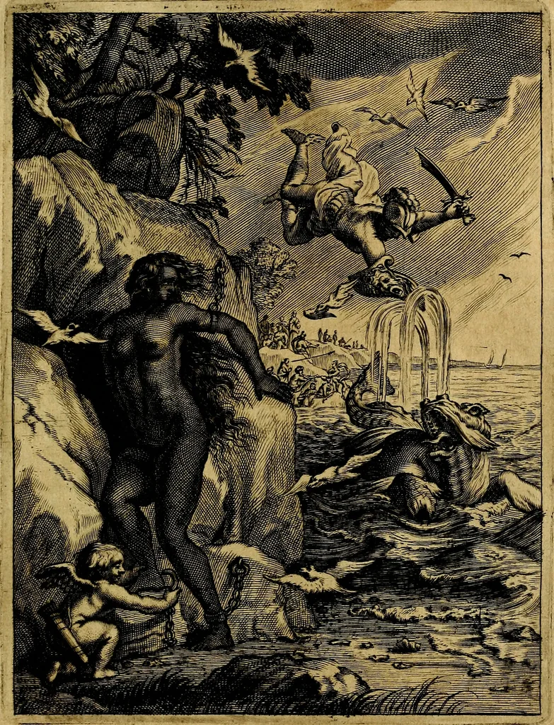 An illustration from Tableaux du temple des muses : tirez du cabinet de feu mr. Favereau...gravez en tailles-douces par les meilleurs maistres de son temps, pour representer les vertus & les vices, sur les plus illustres fables de l'antiquité, 1676, leaf 416