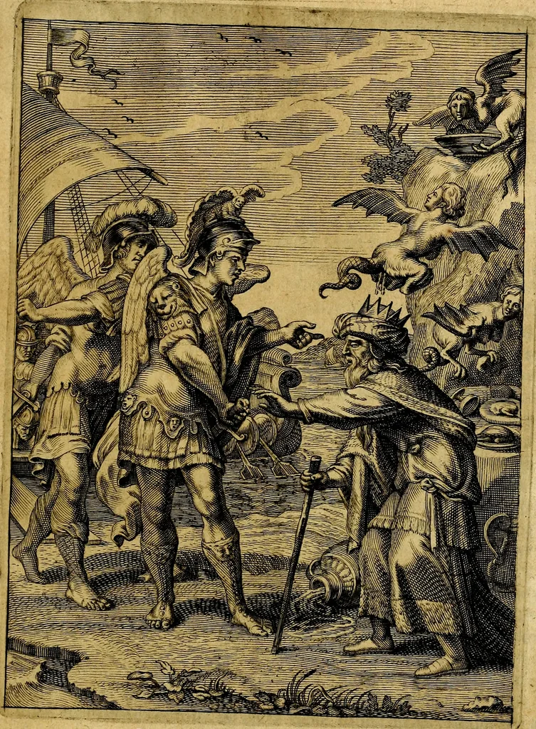 An illustration from Tableaux du temple des muses : tirez du cabinet de feu mr. Favereau...gravez en tailles-douces par les meilleurs maistres de son temps, pour representer les vertus & les vices, sur les plus illustres fables de l'antiquité, 1676, leaf 466