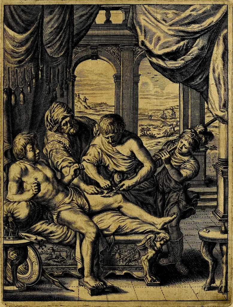 An illustration from Tableaux du temple des muses : tirez du cabinet de feu mr. Favereau...gravez en tailles-douces par les meilleurs maistres de son temps, pour representer les vertus & les vices, sur les plus illustres fables de l'antiquité, 1676, leaf 486