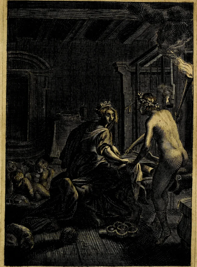 An illustration from Tableaux du temple des muses : tirez du cabinet de feu mr. Favereau...gravez en tailles-douces par les meilleurs maistres de son temps, pour representer les vertus & les vices, sur les plus illustres fables de l'antiquité, 1676, leaf 496