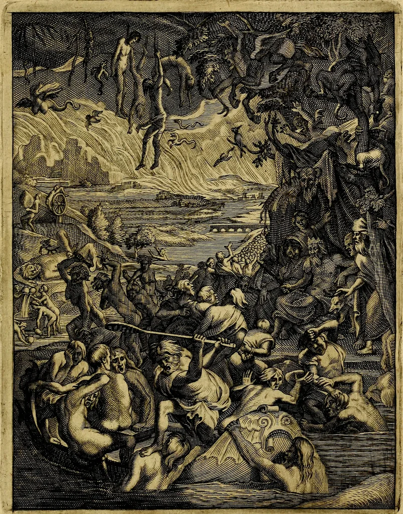 An illustration from Tableaux du temple des muses : tirez du cabinet de feu mr. Favereau...gravez en tailles-douces par les meilleurs maistres de son temps, pour representer les vertus & les vices, sur les plus illustres fables de l'antiquité, 1676, leaf 546