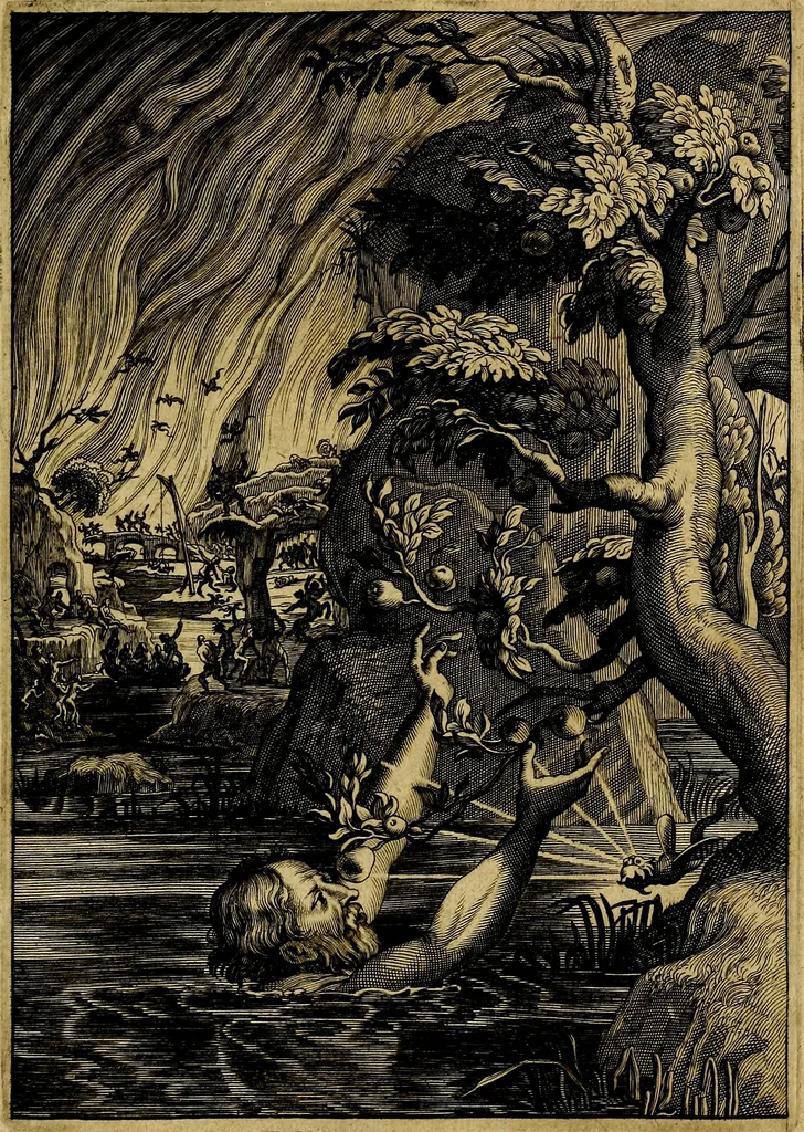 An illustration from Tableaux du temple des muses : tirez du cabinet de feu mr. Favereau...gravez en tailles-douces par les meilleurs maistres de son temps, pour representer les vertus & les vices, sur les plus illustres fables de l'antiquité, 1676, leaf 556