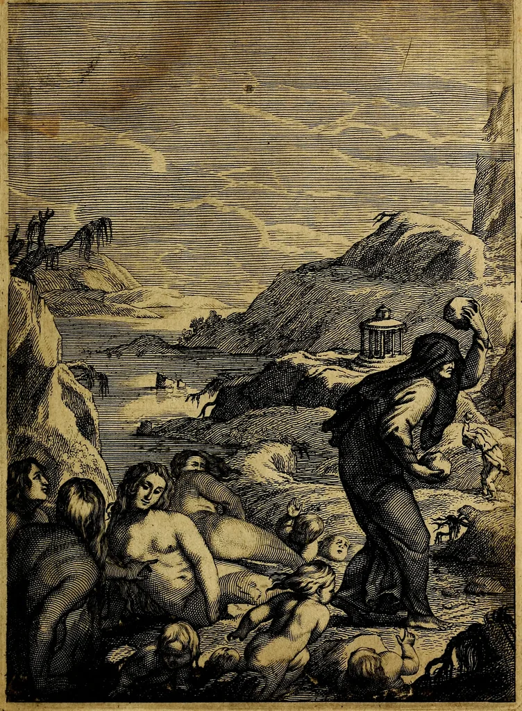 An illustration from Tableaux du temple des muses : tirez du cabinet de feu mr. Favereau...gravez en tailles-douces par les meilleurs maistres de son temps, pour representer les vertus & les vices, sur les plus illustres fables de l'antiquité, 1676, leaf 56
