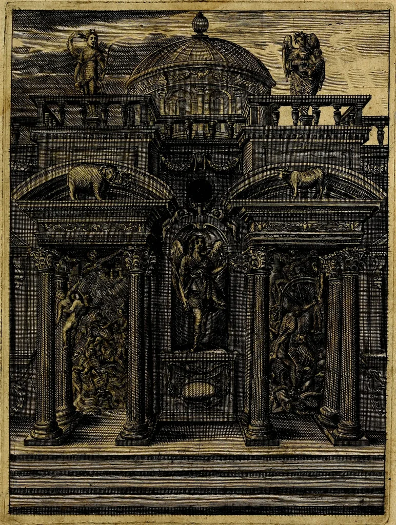 An illustration from Tableaux du temple des muses : tirez du cabinet de feu mr. Favereau...gravez en tailles-douces par les meilleurs maistres de son temps, pour representer les vertus & les vices, sur les plus illustres fables de l'antiquité, 1676, leaf 596