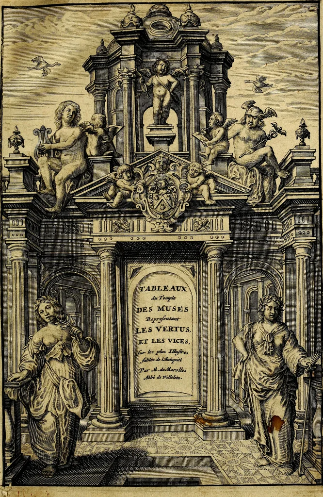 An illustration from Tableaux du temple des muses : tirez du cabinet de feu mr. Favereau...gravez en tailles-douces par les meilleurs maistres de son temps, pour representer les vertus & les vices, sur les plus illustres fables de l'antiquité, 1676, leaf 6