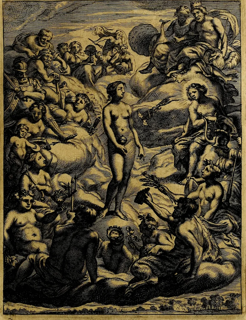 An illustration from Tableaux du temple des muses : tirez du cabinet de feu mr. Favereau...gravez en tailles-douces par les meilleurs maistres de son temps, pour representer les vertus & les vices, sur les plus illustres fables de l'antiquité, 1676, leaf 66