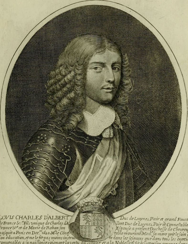 An illustration from Tableaux historiques, ou sont grauez les illustres francois et estrangers de l'un et de l'autre sexe : remarquables par leur naissance et leur fortune, doctrine, pieté, charges et emplois, auec les éloges sommaires contenans leurs noms et leurs qualitez, leurs peres et leurs meres, leurs aages, leurs mariages, les plus belles actions de leur vie et leurs armes blasonnées, 1662, leaf 102