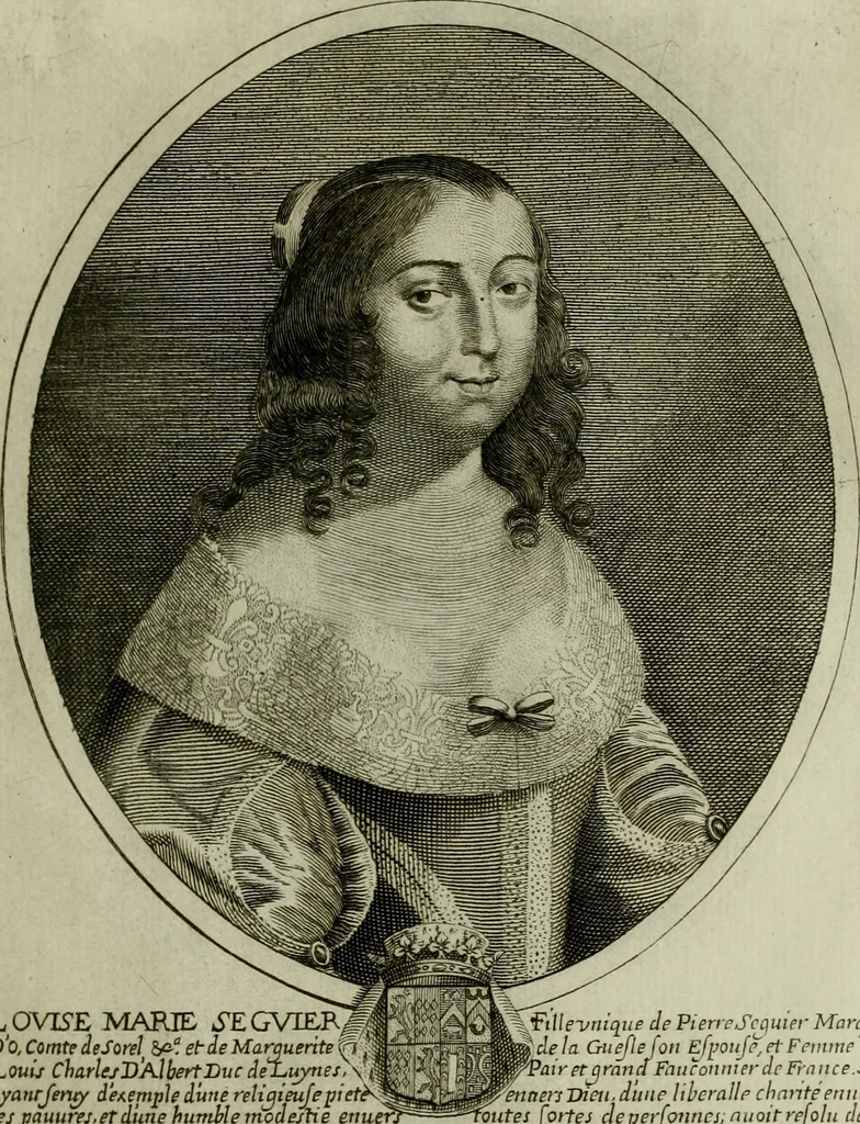 An illustration from Tableaux historiques, ou sont grauez les illustres francois et estrangers de l'un et de l'autre sexe : remarquables par leur naissance et leur fortune, doctrine, pieté, charges et emplois, auec les éloges sommaires contenans leurs noms et leurs qualitez, leurs peres et leurs meres, leurs aages, leurs mariages, les plus belles actions de leur vie et leurs armes blasonnées, 1662, leaf 104