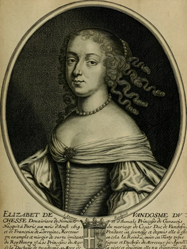 An illustration from Tableaux historiques, ou sont grauez les illustres francois et estrangers de l'un et de l'autre sexe : remarquables par leur naissance et leur fortune, doctrine, pieté, charges et emplois, auec les éloges sommaires contenans leurs noms et leurs qualitez, leurs peres et leurs meres, leurs aages, leurs mariages, les plus belles actions de leur vie et leurs armes blasonnées, 1662, leaf 110