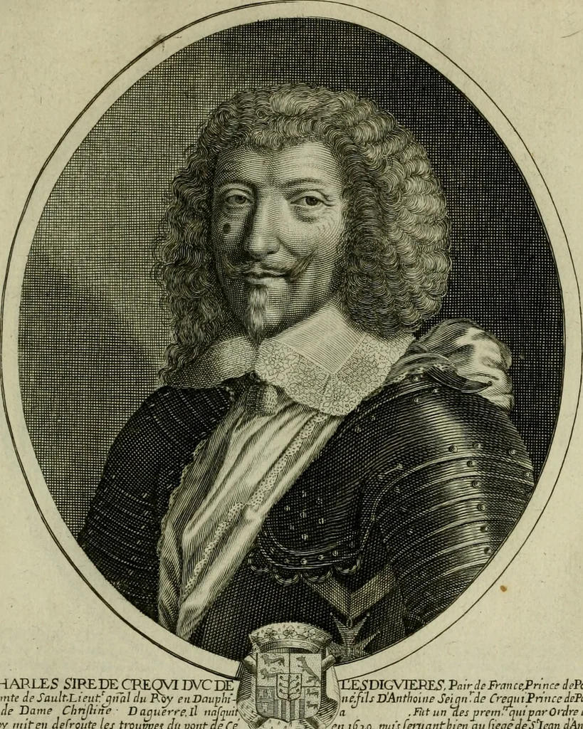 An illustration from Tableaux historiques, ou sont grauez les illustres francois et estrangers de l'un et de l'autre sexe : remarquables par leur naissance et leur fortune, doctrine, pieté, charges et emplois, auec les éloges sommaires contenans leurs noms et leurs qualitez, leurs peres et leurs meres, leurs aages, leurs mariages, les plus belles actions de leur vie et leurs armes blasonnées, 1662, leaf 114