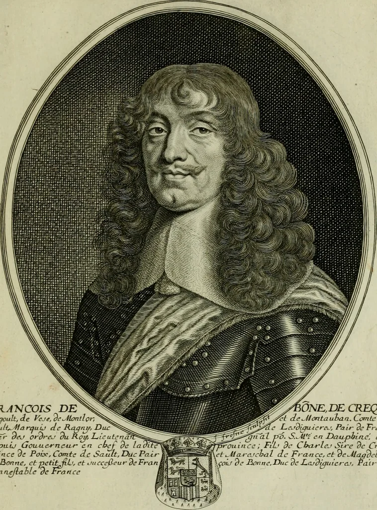 An illustration from Tableaux historiques, ou sont grauez les illustres francois et estrangers de l'un et de l'autre sexe : remarquables par leur naissance et leur fortune, doctrine, pieté, charges et emplois, auec les éloges sommaires contenans leurs noms et leurs qualitez, leurs peres et leurs meres, leurs aages, leurs mariages, les plus belles actions de leur vie et leurs armes blasonnées, 1662, leaf 116