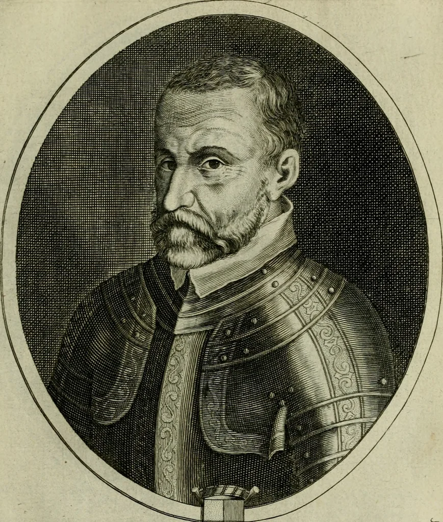 An illustration from Tableaux historiques, ou sont grauez les illustres francois et estrangers de l'un et de l'autre sexe : remarquables par leur naissance et leur fortune, doctrine, pieté, charges et emplois, auec les éloges sommaires contenans leurs noms et leurs qualitez, leurs peres et leurs meres, leurs aages, leurs mariages, les plus belles actions de leur vie et leurs armes blasonnées, 1662, leaf 118