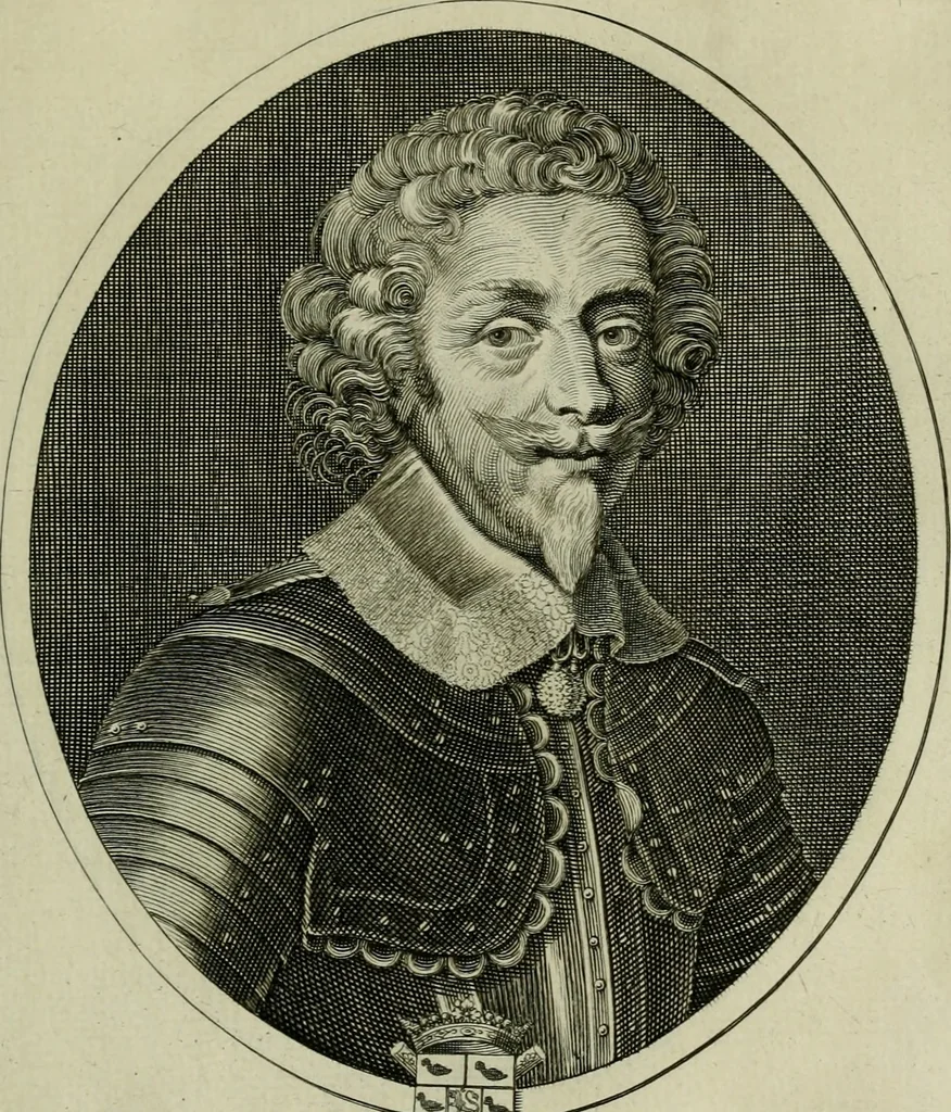 An illustration from Tableaux historiques, ou sont grauez les illustres francois et estrangers de l'un et de l'autre sexe : remarquables par leur naissance et leur fortune, doctrine, pieté, charges et emplois, auec les éloges sommaires contenans leurs noms et leurs qualitez, leurs peres et leurs meres, leurs aages, leurs mariages, les plus belles actions de leur vie et leurs armes blasonnées, 1662, leaf 122