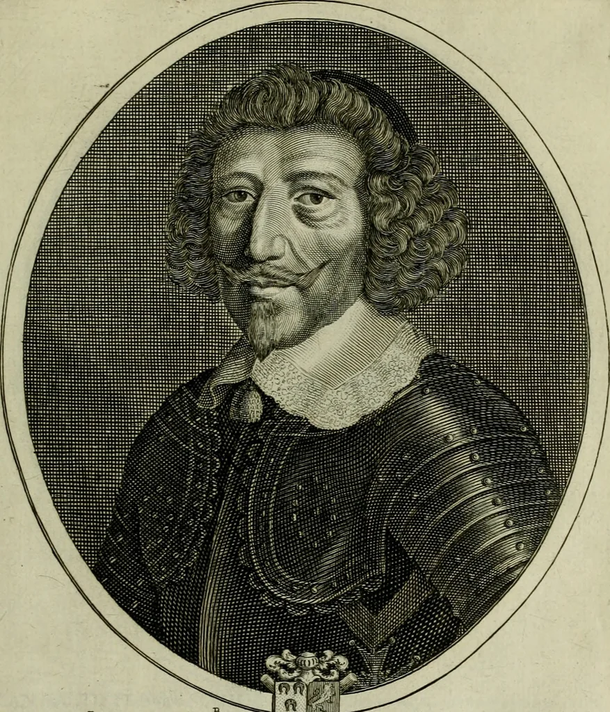 An illustration from Tableaux historiques, ou sont grauez les illustres francois et estrangers de l'un et de l'autre sexe : remarquables par leur naissance et leur fortune, doctrine, pieté, charges et emplois, auec les éloges sommaires contenans leurs noms et leurs qualitez, leurs peres et leurs meres, leurs aages, leurs mariages, les plus belles actions de leur vie et leurs armes blasonnées, 1662, leaf 124
