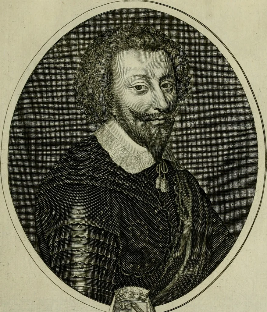 An illustration from Tableaux historiques, ou sont grauez les illustres francois et estrangers de l'un et de l'autre sexe : remarquables par leur naissance et leur fortune, doctrine, pieté, charges et emplois, auec les éloges sommaires contenans leurs noms et leurs qualitez, leurs peres et leurs meres, leurs aages, leurs mariages, les plus belles actions de leur vie et leurs armes blasonnées, 1662, leaf 128
