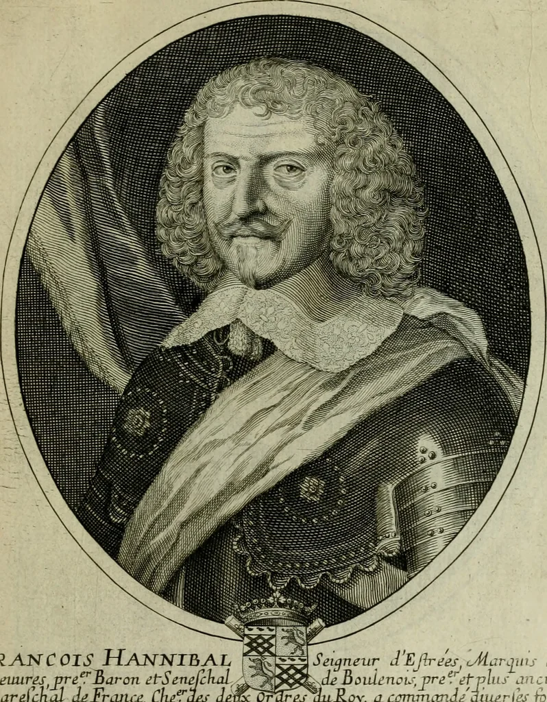 An illustration from Tableaux historiques, ou sont grauez les illustres francois et estrangers de l'un et de l'autre sexe : remarquables par leur naissance et leur fortune, doctrine, pieté, charges et emplois, auec les éloges sommaires contenans leurs noms et leurs qualitez, leurs peres et leurs meres, leurs aages, leurs mariages, les plus belles actions de leur vie et leurs armes blasonnées, 1662, leaf 132