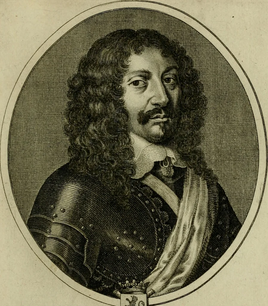 An illustration from Tableaux historiques, ou sont grauez les illustres francois et estrangers de l'un et de l'autre sexe : remarquables par leur naissance et leur fortune, doctrine, pieté, charges et emplois, auec les éloges sommaires contenans leurs noms et leurs qualitez, leurs peres et leurs meres, leurs aages, leurs mariages, les plus belles actions de leur vie et leurs armes blasonnées, 1662, leaf 136