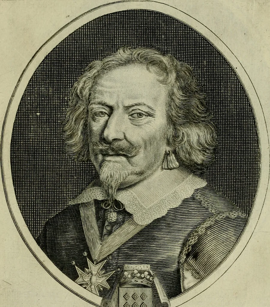 An illustration from Tableaux historiques, ou sont grauez les illustres francois et estrangers de l'un et de l'autre sexe : remarquables par leur naissance et leur fortune, doctrine, pieté, charges et emplois, auec les éloges sommaires contenans leurs noms et leurs qualitez, leurs peres et leurs meres, leurs aages, leurs mariages, les plus belles actions de leur vie et leurs armes blasonnées, 1662, leaf 138