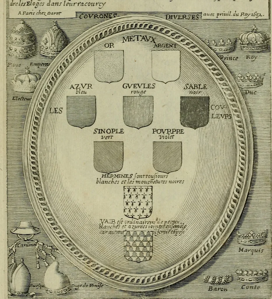 An illustration from Tableaux historiques, ou sont grauez les illustres francois et estrangers de l'un et de l'autre sexe : remarquables par leur naissance et leur fortune, doctrine, pieté, charges et emplois, auec les éloges sommaires contenans leurs noms et leurs qualitez, leurs peres et leurs meres, leurs aages, leurs mariages, les plus belles actions de leur vie et leurs armes blasonnées, 1662, leaf 14
