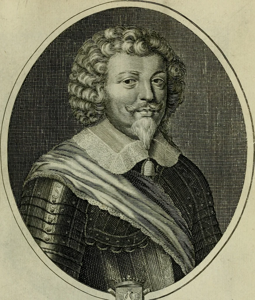An illustration from Tableaux historiques, ou sont grauez les illustres francois et estrangers de l'un et de l'autre sexe : remarquables par leur naissance et leur fortune, doctrine, pieté, charges et emplois, auec les éloges sommaires contenans leurs noms et leurs qualitez, leurs peres et leurs meres, leurs aages, leurs mariages, les plus belles actions de leur vie et leurs armes blasonnées, 1662, leaf 140