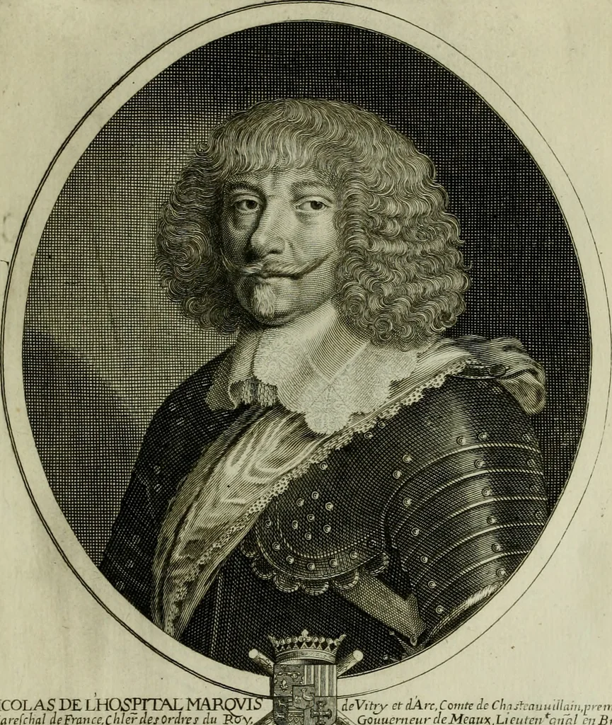 An illustration from Tableaux historiques, ou sont grauez les illustres francois et estrangers de l'un et de l'autre sexe : remarquables par leur naissance et leur fortune, doctrine, pieté, charges et emplois, auec les éloges sommaires contenans leurs noms et leurs qualitez, leurs peres et leurs meres, leurs aages, leurs mariages, les plus belles actions de leur vie et leurs armes blasonnées, 1662, leaf 146
