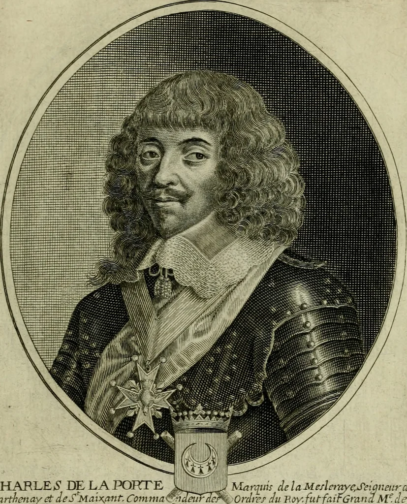 An illustration from Tableaux historiques, ou sont grauez les illustres francois et estrangers de l'un et de l'autre sexe : remarquables par leur naissance et leur fortune, doctrine, pieté, charges et emplois, auec les éloges sommaires contenans leurs noms et leurs qualitez, leurs peres et leurs meres, leurs aages, leurs mariages, les plus belles actions de leur vie et leurs armes blasonnées, 1662, leaf 150