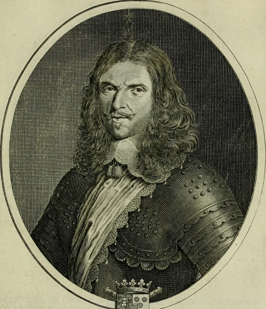 An illustration from Tableaux historiques, ou sont grauez les illustres francois et estrangers de l'un et de l'autre sexe : remarquables par leur naissance et leur fortune, doctrine, pieté, charges et emplois, auec les éloges sommaires contenans leurs noms et leurs qualitez, leurs peres et leurs meres, leurs aages, leurs mariages, les plus belles actions de leur vie et leurs armes blasonnées, 1662, leaf 154