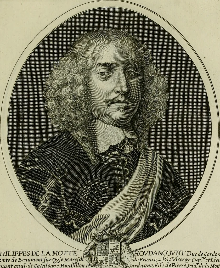 An illustration from Tableaux historiques, ou sont grauez les illustres francois et estrangers de l'un et de l'autre sexe : remarquables par leur naissance et leur fortune, doctrine, pieté, charges et emplois, auec les éloges sommaires contenans leurs noms et leurs qualitez, leurs peres et leurs meres, leurs aages, leurs mariages, les plus belles actions de leur vie et leurs armes blasonnées, 1662, leaf 158